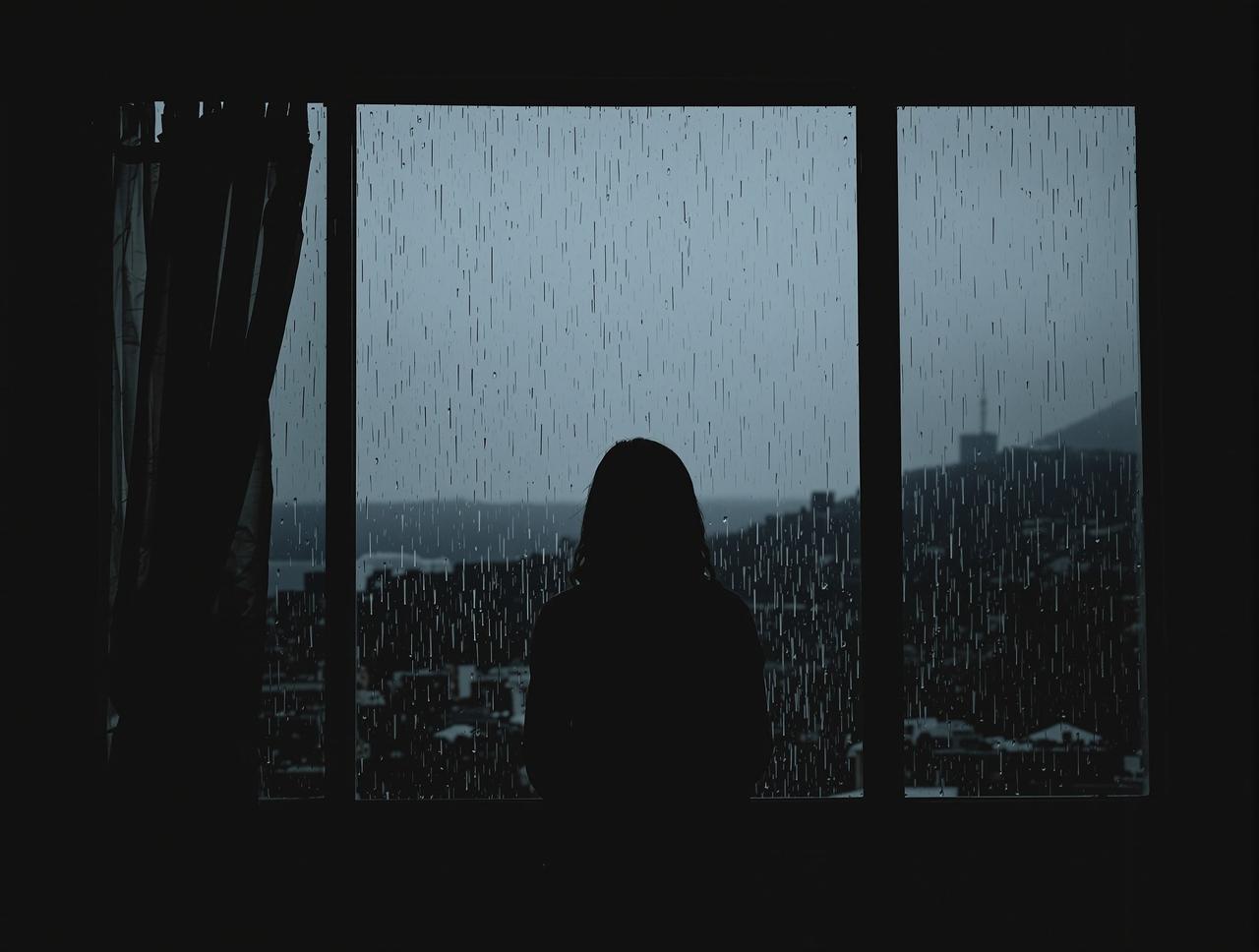  luxury mansion exterior at night with mysterious figure silhouetted in window creating intrigue scandal